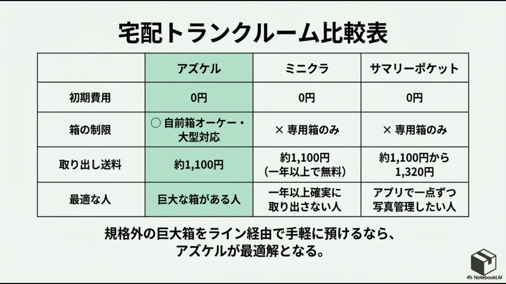 AZUKEL、ミニクラ、サマリーポケットの初期費用、箱制限、送料、最適解をまとめた比較表