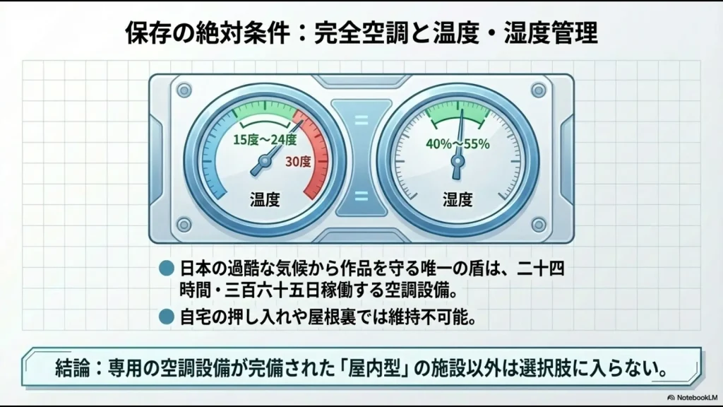 フィギュア保管の理想的な温度15〜24度、湿度40%〜55%の管理基準と24時間空調の重要性
