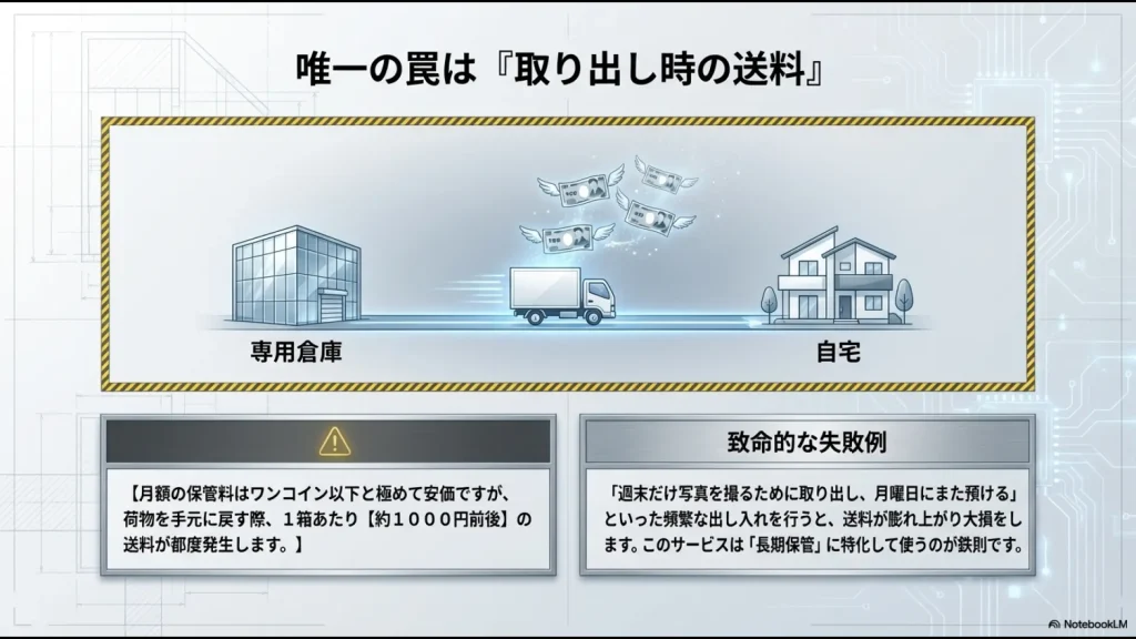 月額料金の安さの一方で発生する「取り出し送料」のデメリットと賢い運用法を解説するスライド