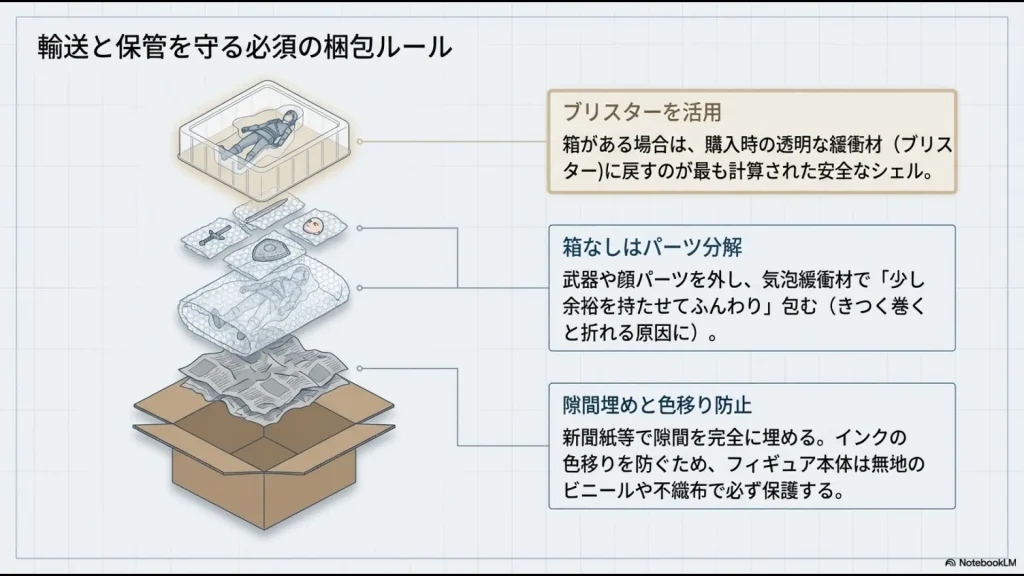 ブリスターへの戻し方、パーツの分解方法、色移り防止の不織布使用などフィギュアの梱包手順