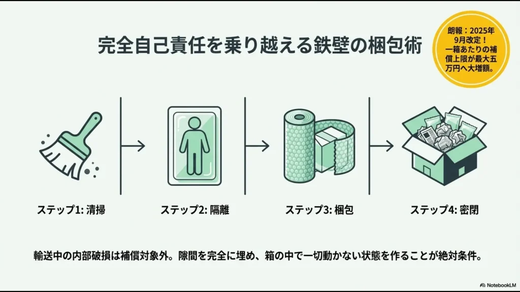 清掃、隔離、梱包、密閉の4ステップ梱包術と、2025年9月改定の1箱最大5万円補償の解説