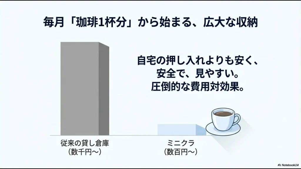 従来の貸し倉庫とminikuraの月額料金比較。毎月コーヒー1杯分から始められる収納サービス