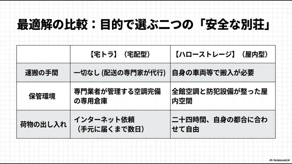 宅配型の宅トラと屋内型のハローストレージにおける運搬、環境、出し入れの利便性比較