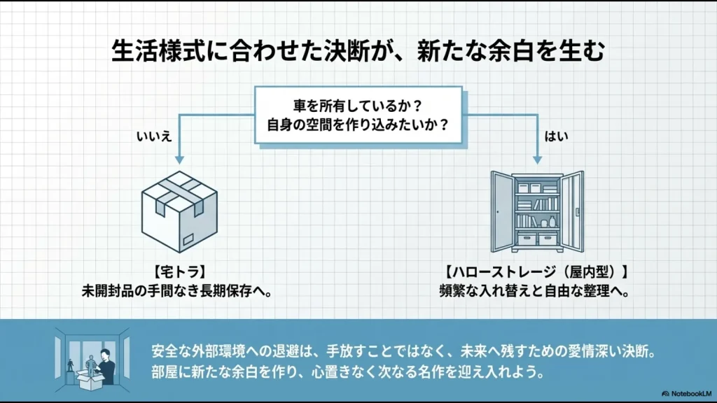 車の有無や整理の好みに基づく、宅トラとハローストレージ屋内型の選び方チャート