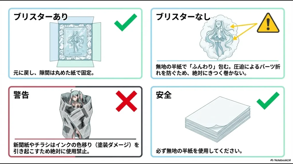 ブリスターの活用方法、無地の半紙での梱包、新聞紙インクの色移り注意を解説したスライド