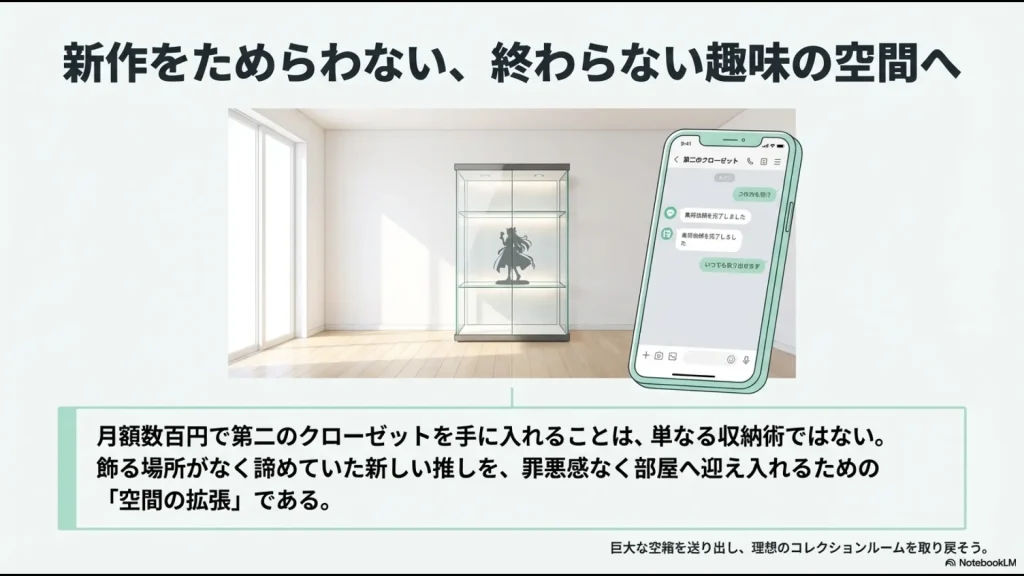 スマホで管理する第二のクローゼットと、新作フィギュアを飾るための余裕が生まれた理想の部屋のイメージ