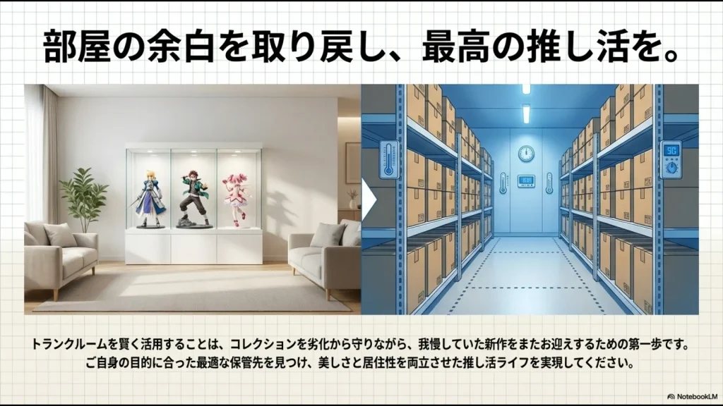 トランクルーム活用で部屋をすっきりさせ最高の推し活を実現するイメージ