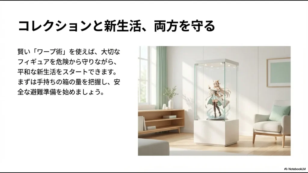 大切なフィギュアを守りながら平和な新生活をスタートさせる賢いワープ術のまとめスライド