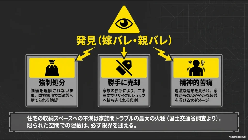 強制処分や勝手に売却、家族からの軽蔑といったフィギュア発見後のリスクを説明するスライド