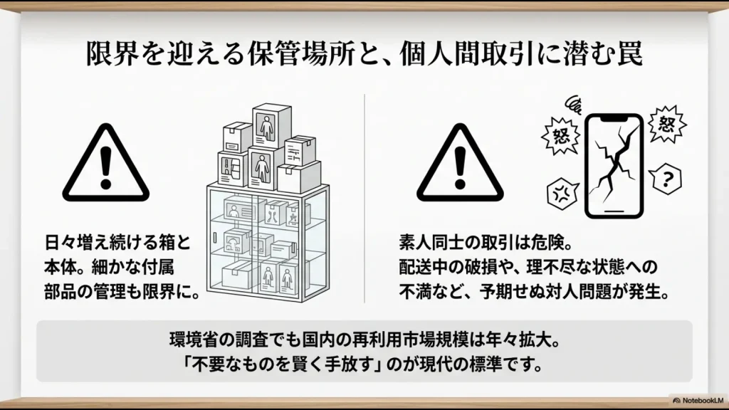 山積みになったフィギュアの箱と個人間取引でのトラブル（破損や不満）を警告する図解