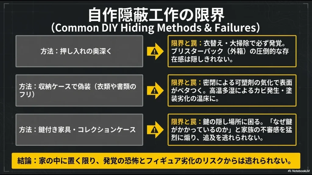 押し入れや衣類ケースへの偽装、鍵付き家具などの隠蔽工作が失敗する理由と劣化リスクをまとめたスライド