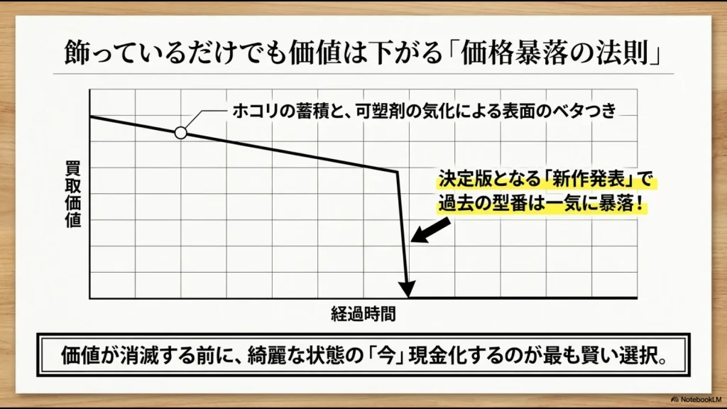 ホコリや新作発表によってフィギュアの買取価値が時間とともに下がっていくことを示すグラフ