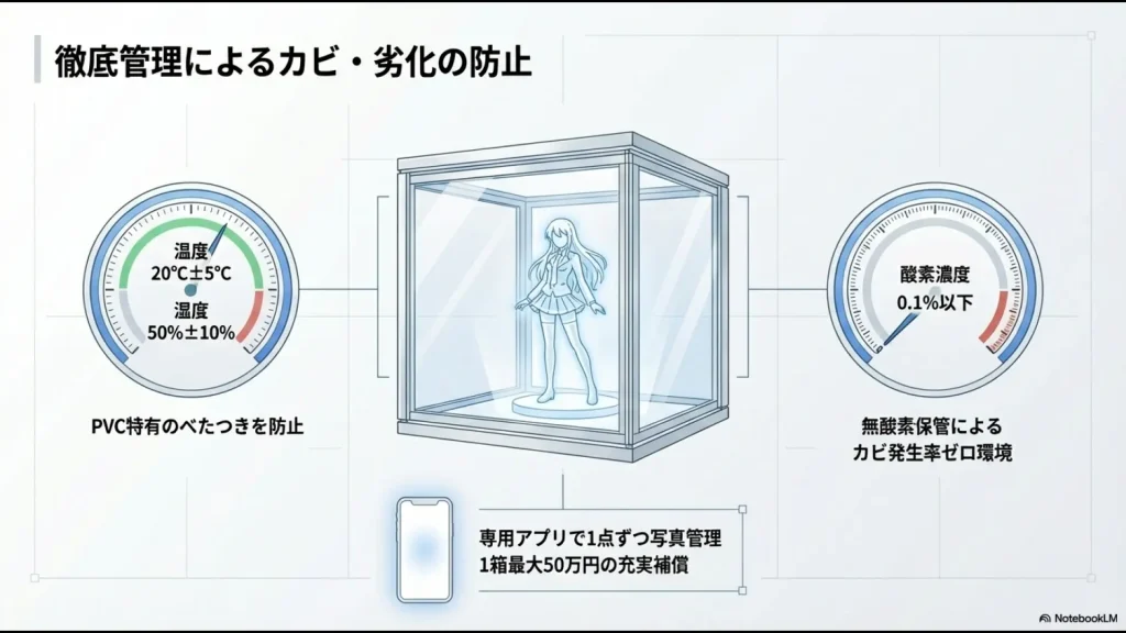 温度20度前後、湿度50%前後、酸素濃度0.1%以下の徹底した保管環境と補償内容の解説スライド