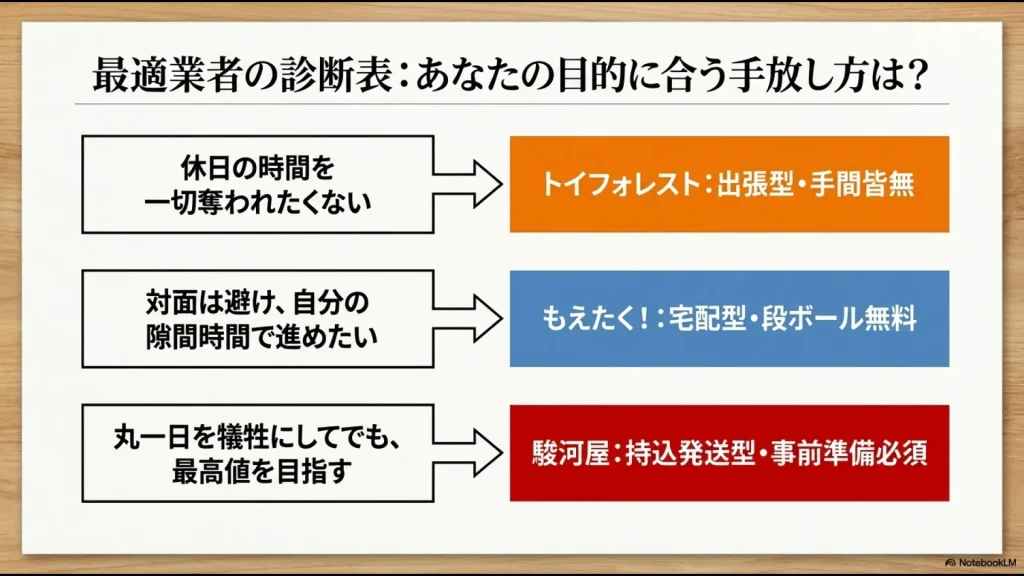 トイフォレスト、もえたく、駿河屋の3社を目的別に比較した診断表スライド