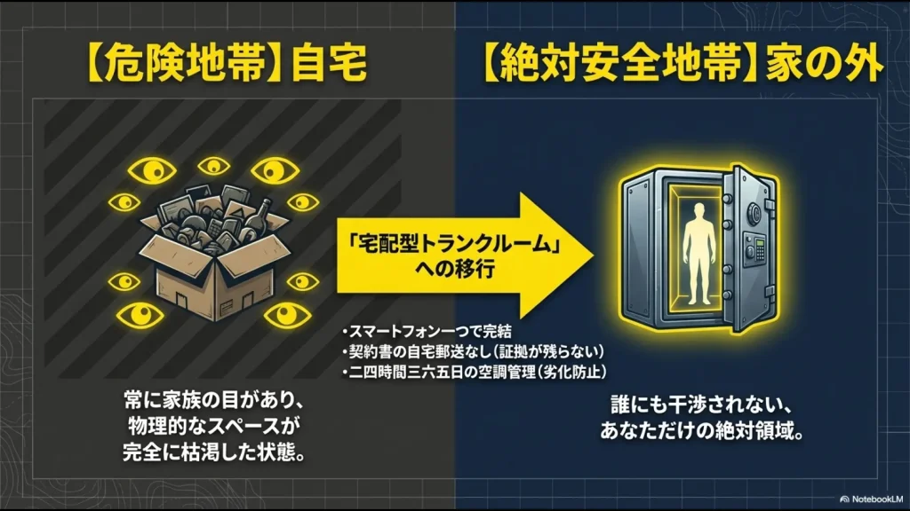 自宅保管の限界と、宅配型トランクルームへ移行することのメリットを比較した図解スライド