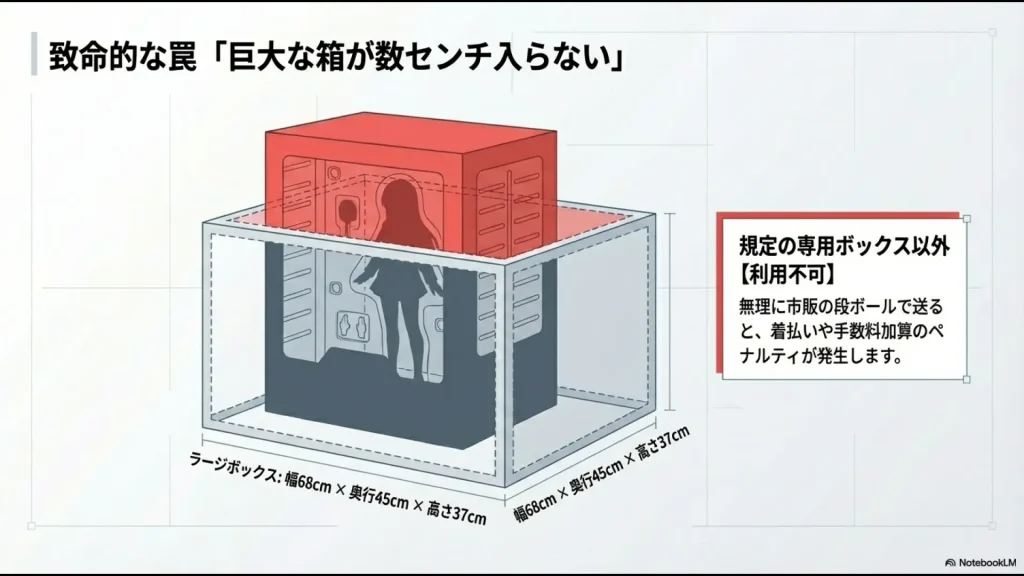 サマリーポケットのラージボックスの寸法と、規定外の箱を使用した場合のペナルティについての図解スライド