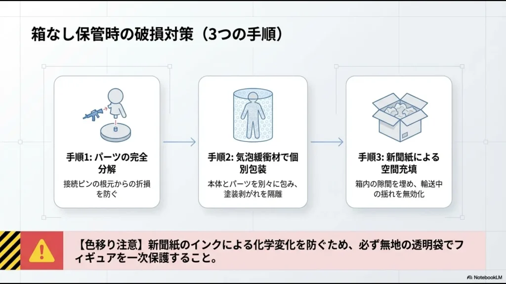 パーツの分解、気泡緩衝材での個別包装、新聞紙による空間充填の3ステップを解説した梱包術スライド