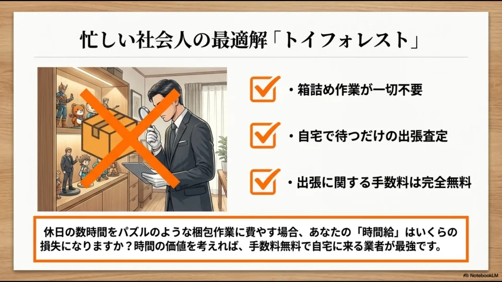 箱詰め不要、自宅で待つだけの出張査定などトイフォレストの強みをまとめた画像