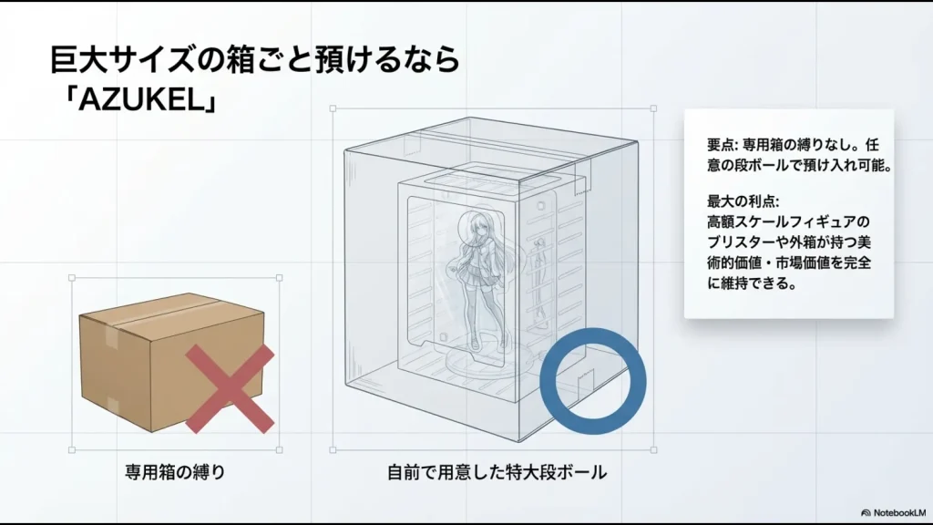 専用箱の縛りがなく、自前の特大段ボールでブリスターごと預けられるAZUKELのメリット解説スライド