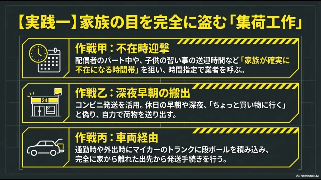 不在時迎撃、深夜早朝の搬出、車両経由など、家族にバレずに発送するための具体的な作戦をまとめたスライド
