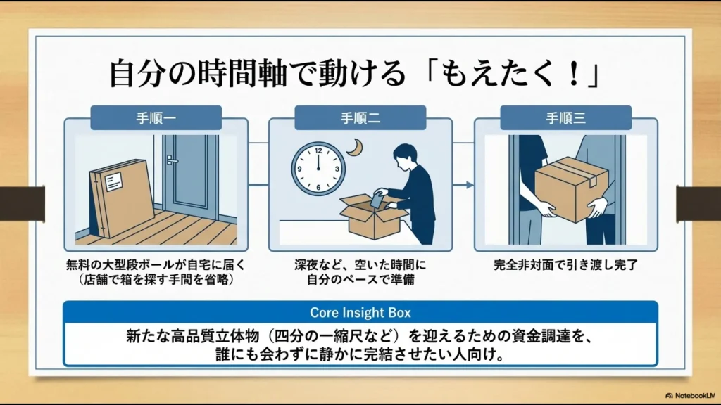 無料段ボールの到着から深夜の準備、非対面引き渡しまでの流れを示す図解