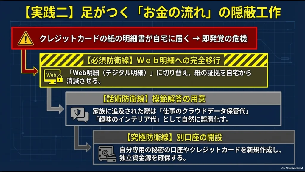 Web明細への移行や言い訳の用意、別口座の開設など金銭面での隠蔽工作を説明するスライド