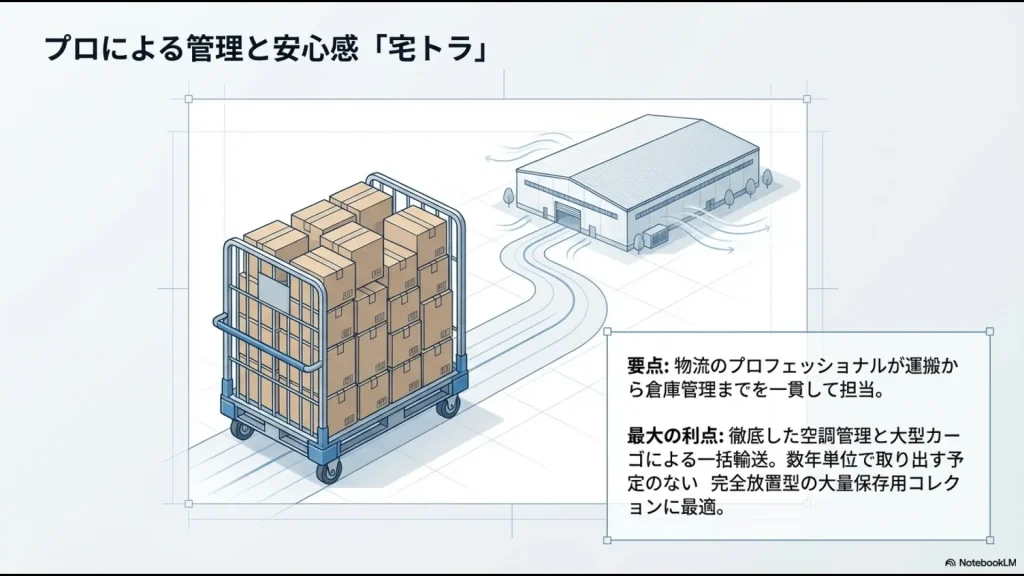 物流のプロが運搬と管理を行い、大型カーゴで一括輸送する宅トラのサービス解説スライド
