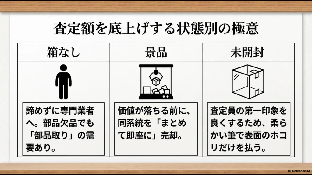 箱なしの部品取り需要、プライズのまとめ売り、未開封品のホコリ掃除などのコツをまとめたスライド