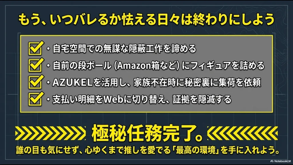 自宅隠蔽を諦め、AZUKELを活用して証拠隠滅を完了させるための手順をまとめた総括スライド