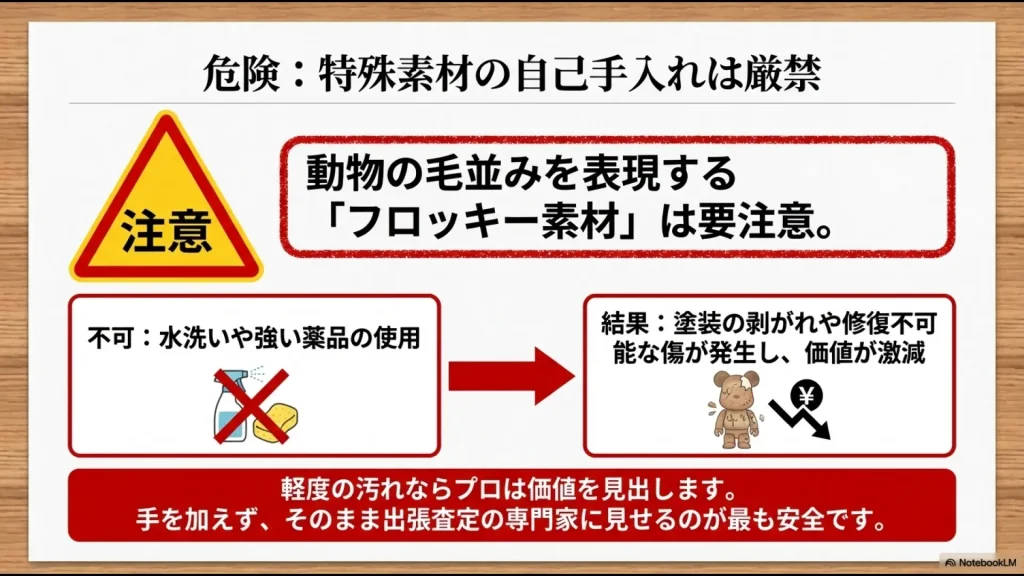 フィギュアのフロッキー素材に水洗いや薬品を使うと塗装剥げが発生することを警告する図解