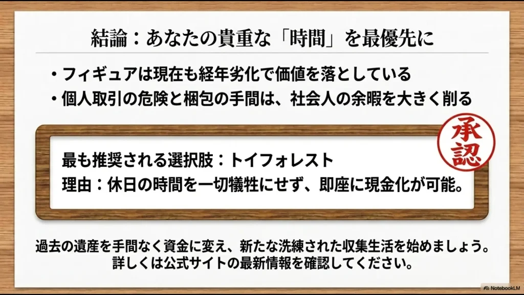 時間の価値を最優先し、トイフォレストで即座に現金化することを推奨する結論スライド